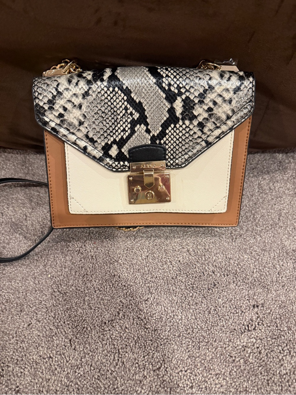 Aldo Snake-Print Flap Crossbody in Black, Cream & Tan